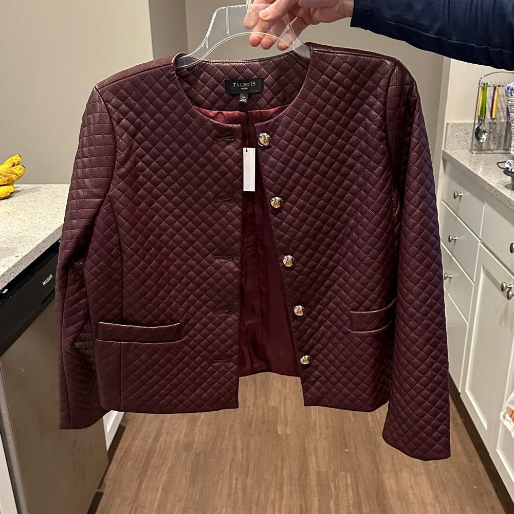Talbots Women's Burgundy Quilted Blazer with Gold Buttons